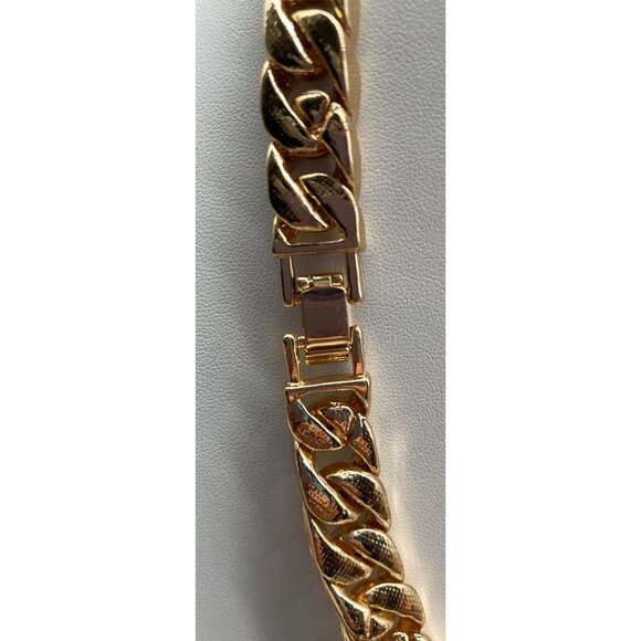 Gold-Tone Cuban Link Chain Necklace Rhinestones Extend Clasp 18" READ - Picture 4 of 7